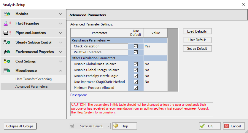 The default state of the Advanced Parameters panel in the Miscellaneous group of the Analysis Setup window.